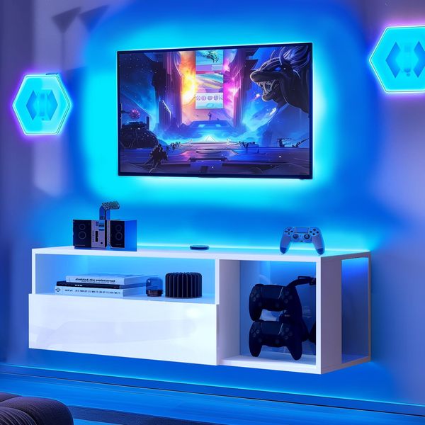 sogesfurniture 100cm TV-Ständer, schwimmendes Unterhaltungszentrum mit Lichtern, Moderne Medienkonsole mit Stauraum, Wandmontierter LED-TV-Ständer für Wohnzimmer, Weiß