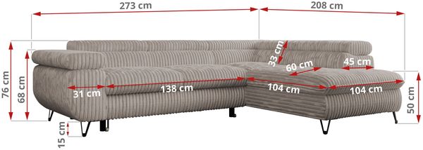 Ecksofa mit Bettfunktion, Modern Sofa, L-form, Einstellbare Kopfstützen, Bettkasten - PETER - Hellbraun Cord - rechts Bild 7