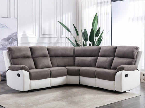 Vente-unique - Relaxsofa Ecksofa - Microfaser & Kunstleder - Grau & Weiß - TOLZANO