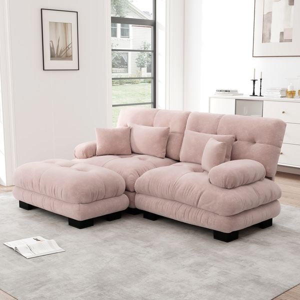 Ecksofa Chenille 4-Sitzer Pink mit modularem Ottoman, tiefer Sitzfläche und breiten Armlehnen,220 x 145 x 81 cm