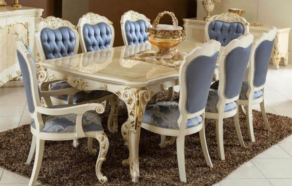 Casa Padrino Luxus Barock Esszimmer Set Blau / Weiß / Gold - 1 Barock Esstisch & 6 Barock Esszimmerstühle - Barock Esszimmer Möbel - Luxus Möbel im Barockstil - Edel & Prunkvoll