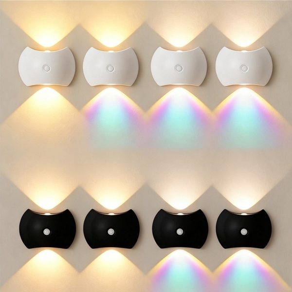 PRIISF Nachtlicht Wandleuchte ohne Stromanschluss Bewegungsmelder Akku Wandlampe Innen, USB-Aufladbare, Wand Lampe Batterie Flur Strahler Licht Up Down Kabellos Treppenlicht, RGB, Sonnenuntergangs Lichteffekt, 3000K Warmweiß, 4500K Neutralweiß, 6500K T...