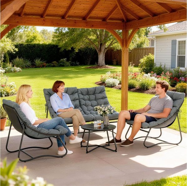 Outsunny Sitzgruppe 4 Personen mit 2er Sofa, Sessel, Beistelltisch, Sitzkissen, (Stahl Gartenmöbel Set 4, 4-tlg, wetterfest Balkonmöbel-Set), für Garten, Terrasse, Balkon, Grau