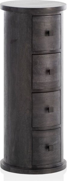 Design Sideboard Mango Massivholz Schwarz 34x85x34 cm, Schränkchen mit 4 Schubladen, Schmaler Beistellschrank Massiv, Mini Kommode Rund