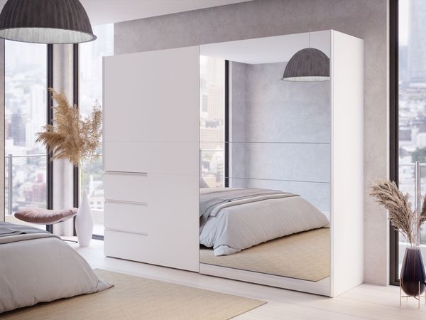 Schiebetürenschrank >WINN 2< in Weiss / Spiegel - 249x200,5x61cm (BxHxT)