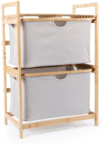 HENNEZ Badezimmerregal 2 Fächer | Bambusregal mit Ablage und 2 Körben | Badregal mit Schubladenboxen | Standregal – ideal als Kommode & Wäschesammler | Wäschesortierer mit Stoff Schubladen | Holzregal