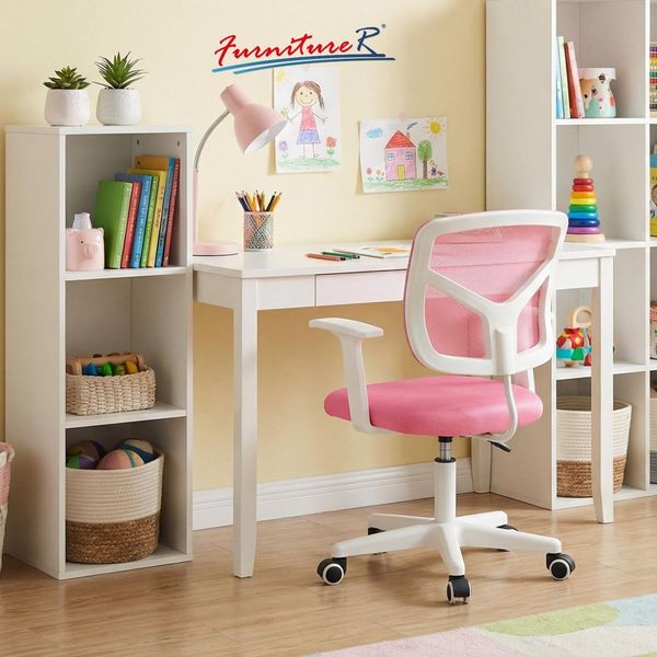 FurnitureR Kinder Schreibtischstuhl mit festen Armlehnen, ergonomischer Drehstuhl höhenverstellbar 38,5–50,5 cm, atmungsaktiver Netzrücken, 360° Rollen, Jugend Lernstuhl für Kinderzimmer Pink
