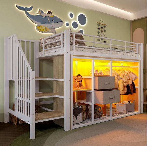 Flieks Hochbett Metall Kinderbett 90×200cm mit offenem Kleiderschrank, LED-Beleuchtung
