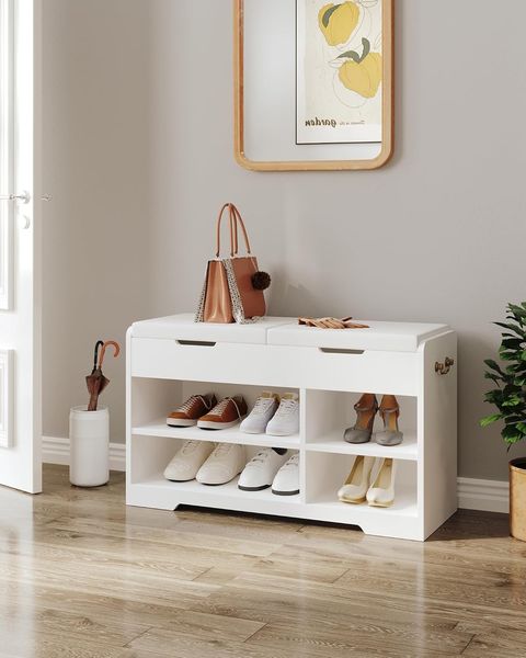 chuhbank, Schuhregal mit 2 gepolsterten Regalbänken, multifunktional, für Wohnzimmer, Flur, Schlafzimmer, 30 x 80 x 48 cm, weiß