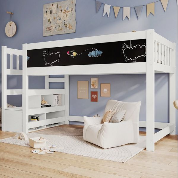 Flieks Kinderbett, Massivholz Hochbett mit Tafel und Stauraumtreppe 90x200cm