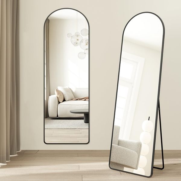 SONGMICS Ganzkörperspiegel, 150x40 cm, gewölbter Standspiegel, Rahmen aus Aluminiumlegierung, Hartglas, abgerundete Ecke, für Schlafzimmer, Wohnzimmer, Garderobe, tintenschwarz LFM055BD01
