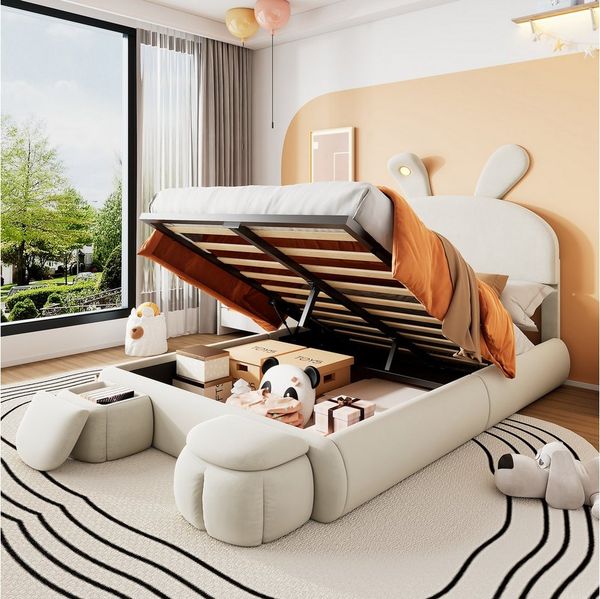 TavilaEcon Boxspringbett Polsterbett mit einstellbarer Helligkeit warmfarbenen Lichtstreifen, Stauraum unter dem Bett, zwei Aufbewahrungshockern, 140×200cm