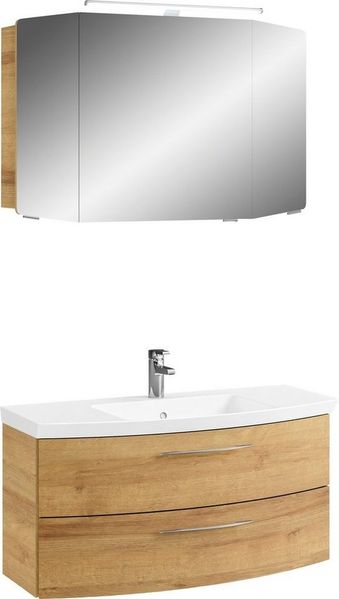 Saphir Badmöbel-Set Cassca Sprint 2-teilig Mineralmarmor-Waschtisch mit LED-Spiegelschrank, (2-St), Waschplatz mit 2 Schubladen, inkl. Dämpfer, 101 cm breit
