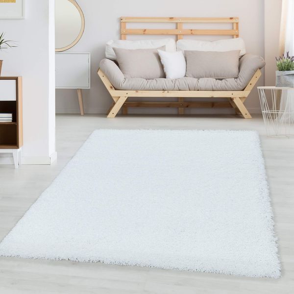 Carpetsale24 Shaggy Hochflor Teppich 60x110 cm Weiß weich flauschig modern einfarbig Für Flur oder kleine Räume für Wohnzimmer Schlafzimmer Flur