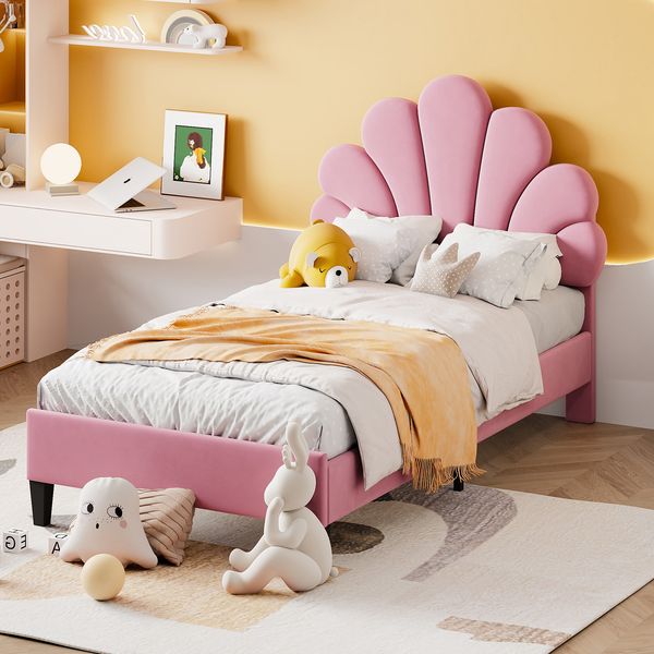 Polsterbett, Samt mit Kopfteil in Blumenform & Lattenrost, 90x200 cm, Rosa, ohne Matratze