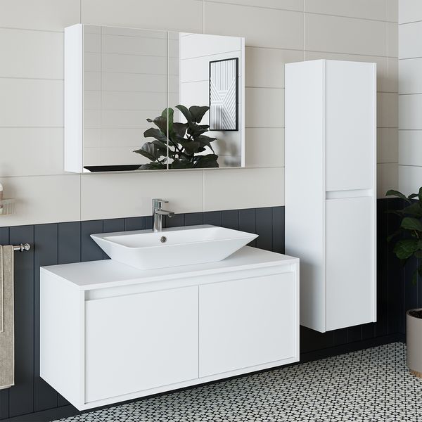 Roomart ATLANTIC-100 Badmöbel Set– 4-teiliges Badezimmermöbel Set - Waschbeckenunterschrank mit Keramikwaschbecken, Spiegelschrank & Hochschrank - H 45 x B 45 x T 100 cm • Weiß