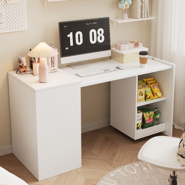 Flieks Schreibtisch 126x55x75 cm Klapptisch 2-in-1 mit Regal und Stauraum, Multifunktionaler Computertisch mit Rollen, Weiß