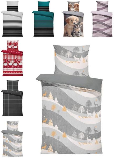 One Home Bettwäsche Winter, Flanell, 4 teilig, Rentiere Winterlandschaft, kuschelig warme weiche Baumwolle Biber