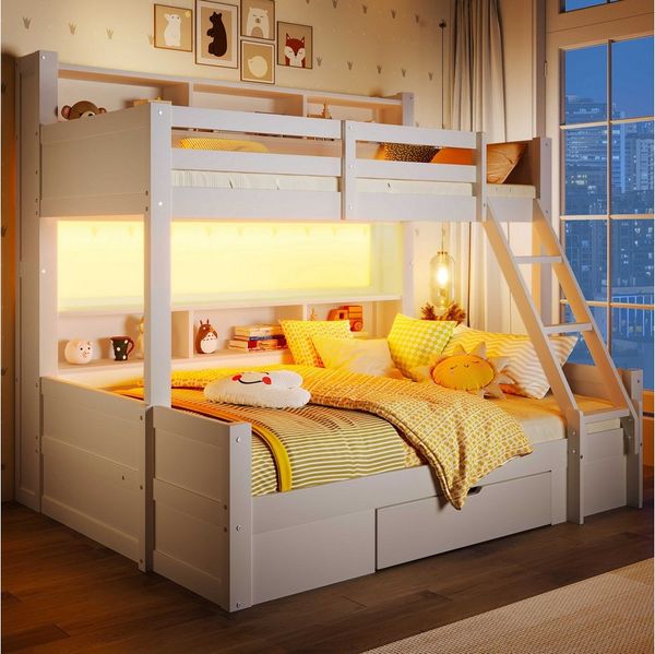 BlingBin Etagenbett Bett Kinderbett Leiterbett Stockbett Holzbett (Etagenbett mit LED-Beleuchtung aus Massivholz, 90x200 cm + 140x200 cm, 1-St, inkl. Leiter, Bettgitter, offener Staufächer & großer Schublade), sicher & stabil, ideal für Geschwisterzimmer