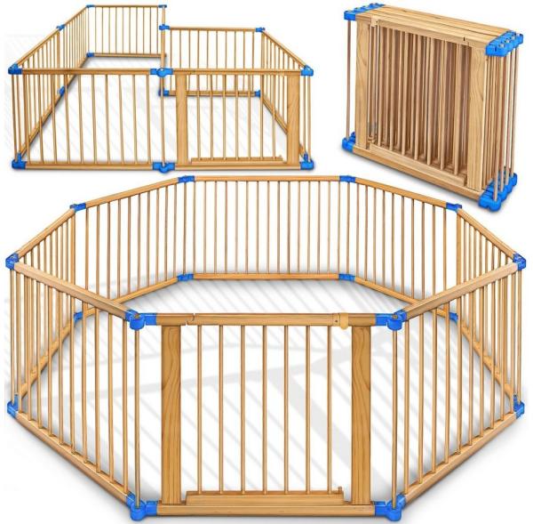 KIDUKU® 7,2 Meter Laufgitter blau XXL klappbar inkl. Tür, bestehend aus 8 Elementen, individuell formbar Laufstall Absperrgitter