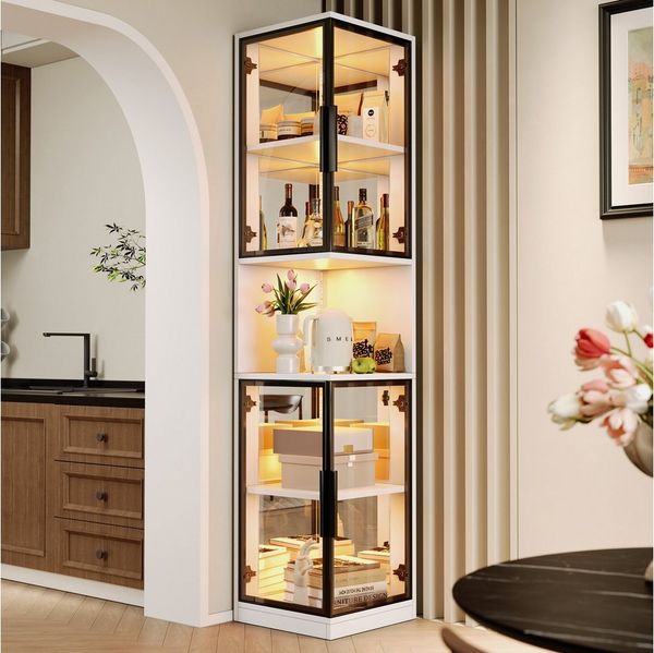 MODFU Vitrine Elegante Vitrine mit Kippschutz & doppelten Glastüren in Weiß (Packung, 1-St, Verspiegelte Rückwand verleiht Ihrer Sammlung beeindruckende Tiefe) 42x205x44 cm, mit vielfältig einstellbarer LED-Beleuchtung