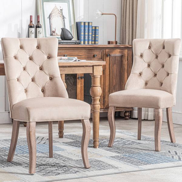 Essstuhl 97x51x47 cm, Sitzhöhe 47 cm, Samt Beige, hoher Rücken mit Knopfsteppung, Gummiholz-Beine，2er-Set