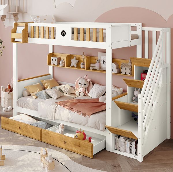 Etagenbett 90x200 cm mit Treppe, 2 Schubladen und offenem Regal – Kinderbett aus Kiefernholz und MDF