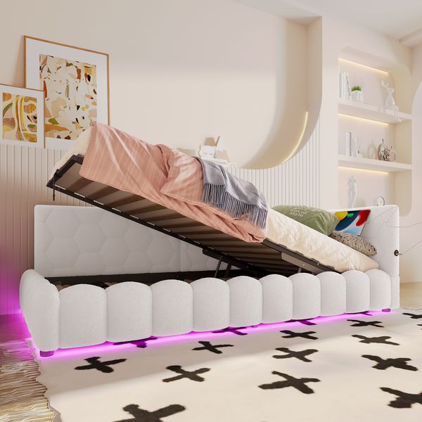 Daybett, 90*200cm Tagesbett, Schlafsofa, Bett mit Lattenrost ohne Matratze, mit LED-Lichtleiste, mit hydraulischem Hebemechanismus, USB-Anschluss, Typ-C, Komfortmaterial, Vliesimitat, Weiß
