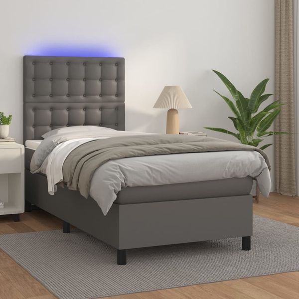 vidaXL Boxspringbett mit Matratze & LED Grau 90x190 cm Kunstleder 3135919