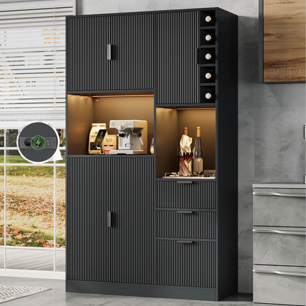 Merax 180cm Küchenschrank, moderner hoher Aufbewahrungs- und Weinschrank mit verstellbaren Einlegeböden, 3 Schubladen, Weinregal, farbwechselnder LED-Beleuchtung und Steckdosen