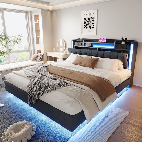 Polsterbett 160*200 mit LED-Beleuchtung und USB-Steckdose, Kopfteil mit Stauraum, Schwebebett Jugendbett Erwachsenenbett, Leinenstoff, Grau