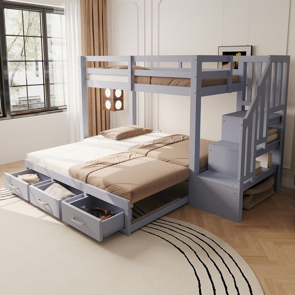 Merax Etagenbett, Jugendbett, Holzbett, 90 x 200 cm, Ausziehbett 90/180*190cm, mit Stauraumleiter mit mehreren Schubladen, Ausziehbettfunktion, Grau