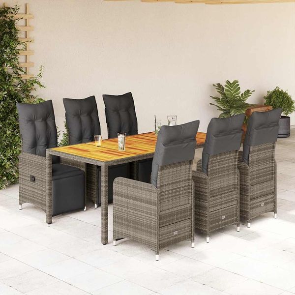 vidaXL 7-tlg. Garten-Bistro-Set mit Kissen Grau Poly Rattan 3277161
