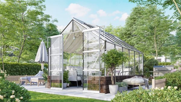 Vitavia Gewächshaus "Cassandra 9900", aluminium eloxiert, 9,9 m²,mit Sockelmauer in herbstlaub, 3 mm ESG