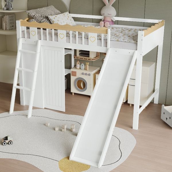 Novelux Hochbett 90x200 Kinderhochbett mit Rutsche und Schrank – Kiefer MDF in Weiß/Natur, mit Regal, Leiter, Rausfallschutz, ohne Matratze