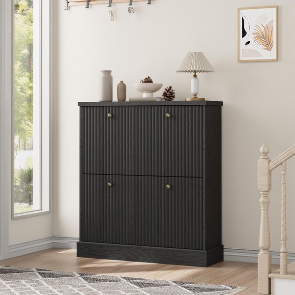 GarveeHome Schuhschrank Mit 2 Geriffelten Klapptüren, Flurschrank Mit Metallgriffen, Schuhablage Mit Verstellbaren Einlegeböden, 80 x 25,4 x 90,4 cm