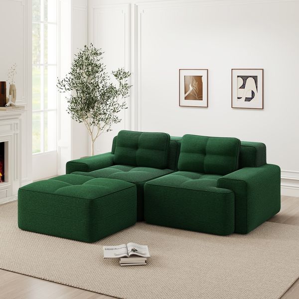 Boneless Modulsofa,Modernes L-förmiges Modulsofa für Wohnzimmer mit Tiefem Sitz bequemes Corduroy-Cloud-Sofa mit Ottoman Getuftetes Zweisitzer-Schlafsofa,Corduroy,Grün,