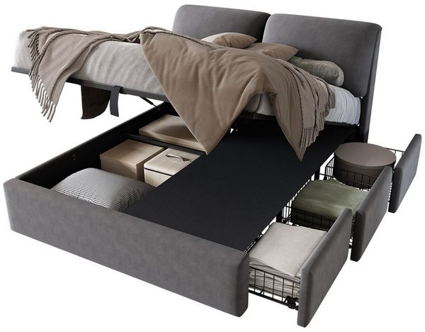 REDOM Polsterbett Hydraulisches Bett (140*200cm, mit Matratze (Dicke 25cm), mit 3 Schubladen,Bettkasten zur Aufbewahrung,Lattenrost mit Kopfteil
