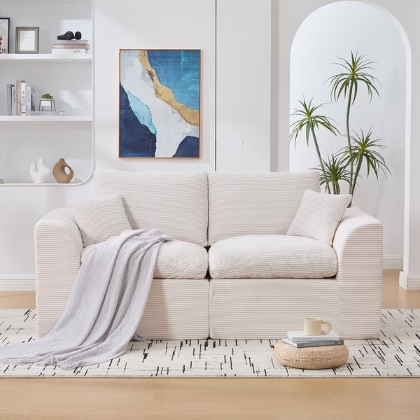 2-Sitzer-Sofa aus Cord mit Kissen, 204x102,5x84 cm, Beige