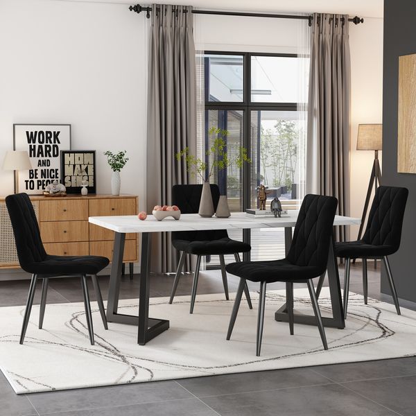 Esstischgruppe H 75 x T 68 x B 117 cm, MDF-Tisch in Marmoroptik mit 4 Samtstühlen