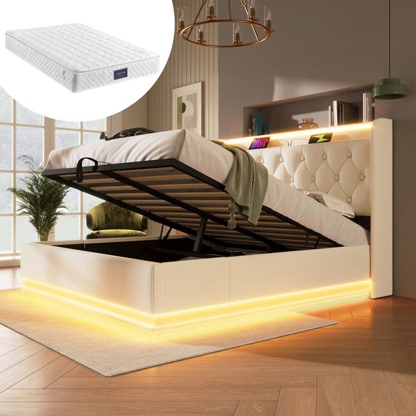 Polsterbett 140×200 cm mit LED, Bettkasten und USB/Typ-C, Weiß, mit Matratze