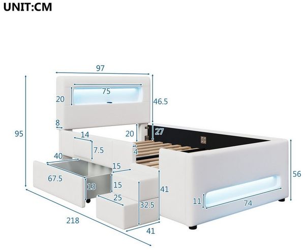 Ulife Polsterbett mit Treppe, Schubladen, LED-Lichtleisten und Aufbewahrungstaschen (1-tlg, Ohne Matratze), Gepolstertes Plattformbett Kinderbett Jugendbett 90x200cm