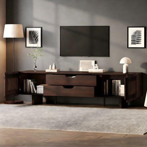 REDOM TV-Schrank Passendes Lowboard für TV-Geräte bis zu 75 Zoll (Packung, 1-St, In Dunkelwalnuss, 180x45x40 cm, mit 2 Schubladen & Türen) Stabiles und schlichtes Möbelstück für die Medienwand
