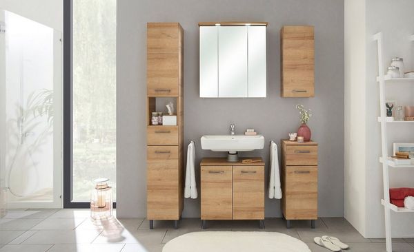 Saphir Unterschrank Quickset 919 Badschrank mit 1 Tür, 1 Schublade, 30 cm breit Badezimmermöbel, Riviera Eiche quer Nachbildung, Griffe in Grau