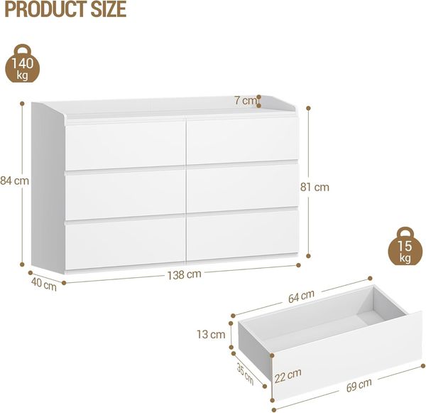 Kommode, Kommode mit 6 Schubladen, Seitenschrank mit Arbeitsfläche, Spind mit oberem Geländer, Moderner Stil, Geeignet für Wohnzimmer und Schlafzimmer, 40 x 138 x 84 cm, Weiß Bild 9
