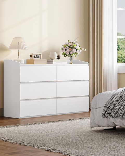 Kommode, Kommode mit 6 Schubladen, Seitenschrank mit Arbeitsfläche, Spind mit oberem Geländer, Moderner Stil, Geeignet für Wohnzimmer und Schlafzimmer, 40 x 138 x 84 cm, Weiß