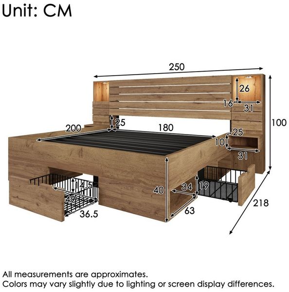 TavilaEcon Holzbett Holzbett mit LED, USB-C & Schwebetischen (Eiche, ohne Matratze), 180x200cm