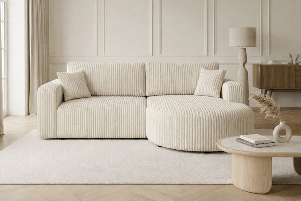 Kaiser Möbel Ecksofa mit Schlaffunktion für Wohnzimmer, Cordstoff Tilia, ROUND ONE, abgerundete Form, Liegefunktion, Stauraum, modernes Design