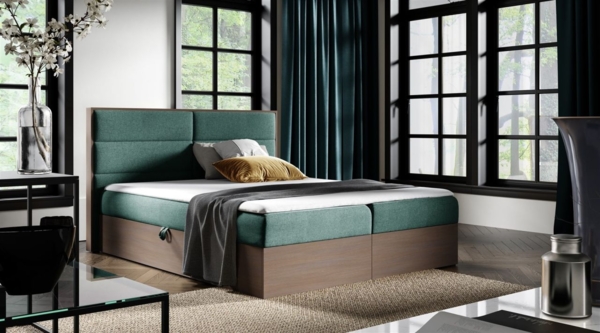 Boxspringbett Bett LAMBROS 160x200cm Dunkel Eiche Stoff Grün inkl. Bettkasten