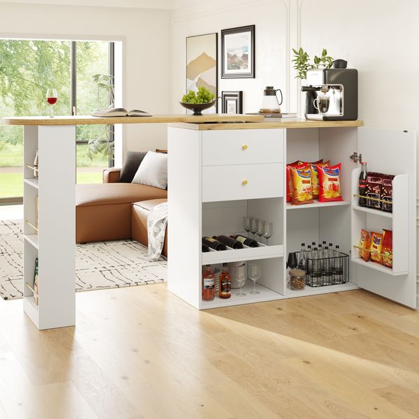 360°drehbarer Schrank mit Seitenregal, 4 Schubladen, MDF-Holzoptik, Kombinationsschrank mit Stauraum, Vitrine fürs Wohnzimmer, 102cmx105cmx39cm, Weiß